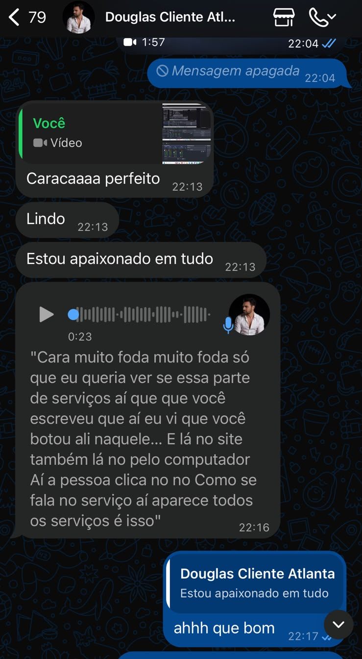 Conversa no WhatsApp com Douglas, da DKF Services, elogiando o site